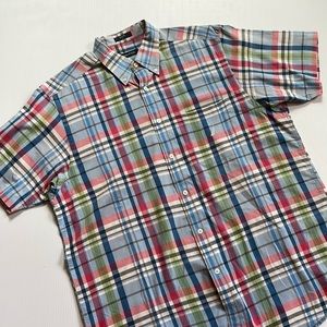Nautica pink, white & blue plaid short sleeve button down. Men’s size Large